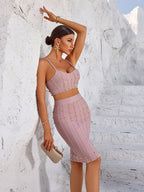 Studded Pink Bandage Crop Top & Midi Skirt Set H6688
