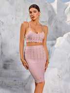 Studded Pink Bandage Crop Top & Midi Skirt Set H6688