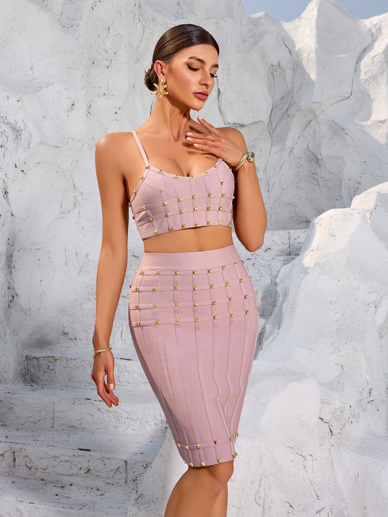 Studded Pink Bandage Crop Top & Midi Skirt Set H6688