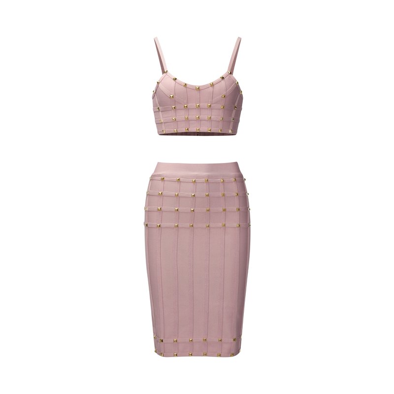 Studded Pink Bandage Crop Top & Midi Skirt Set H6688