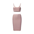 Studded Pink Bandage Crop Top & Midi Skirt Set H6688