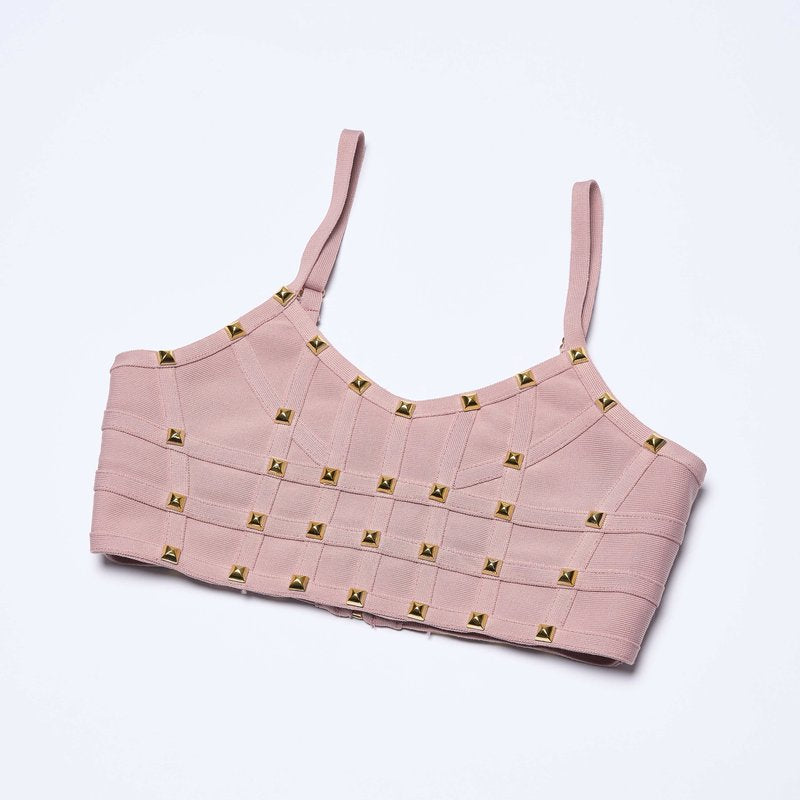 Studded Pink Bandage Crop Top & Midi Skirt Set H6688