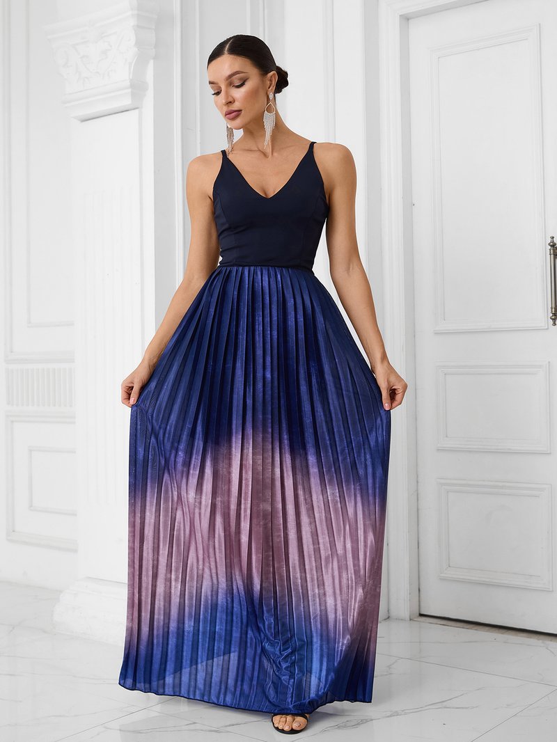 V-Neck Ombre Pleated Maxi Dress H6689