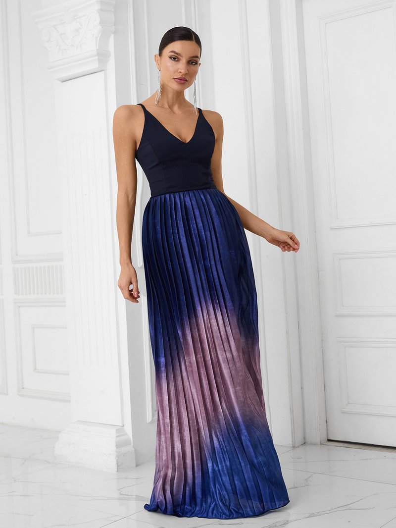 V-Neck Ombre Pleated Maxi Dress H6689