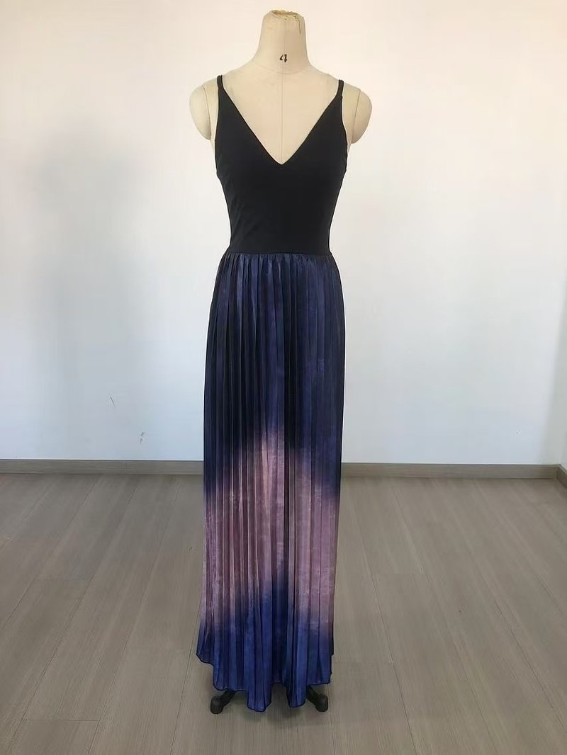 V-Neck Ombre Pleated Maxi Dress H6689