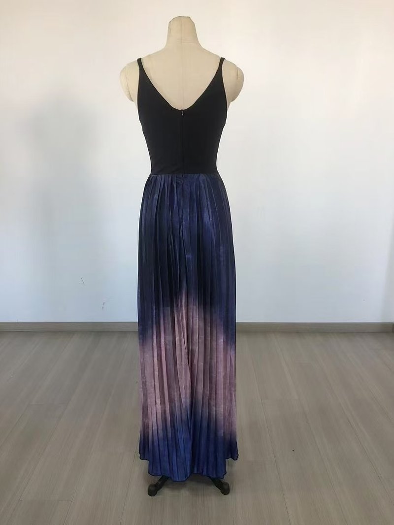 V-Neck Ombre Pleated Maxi Dress H6689