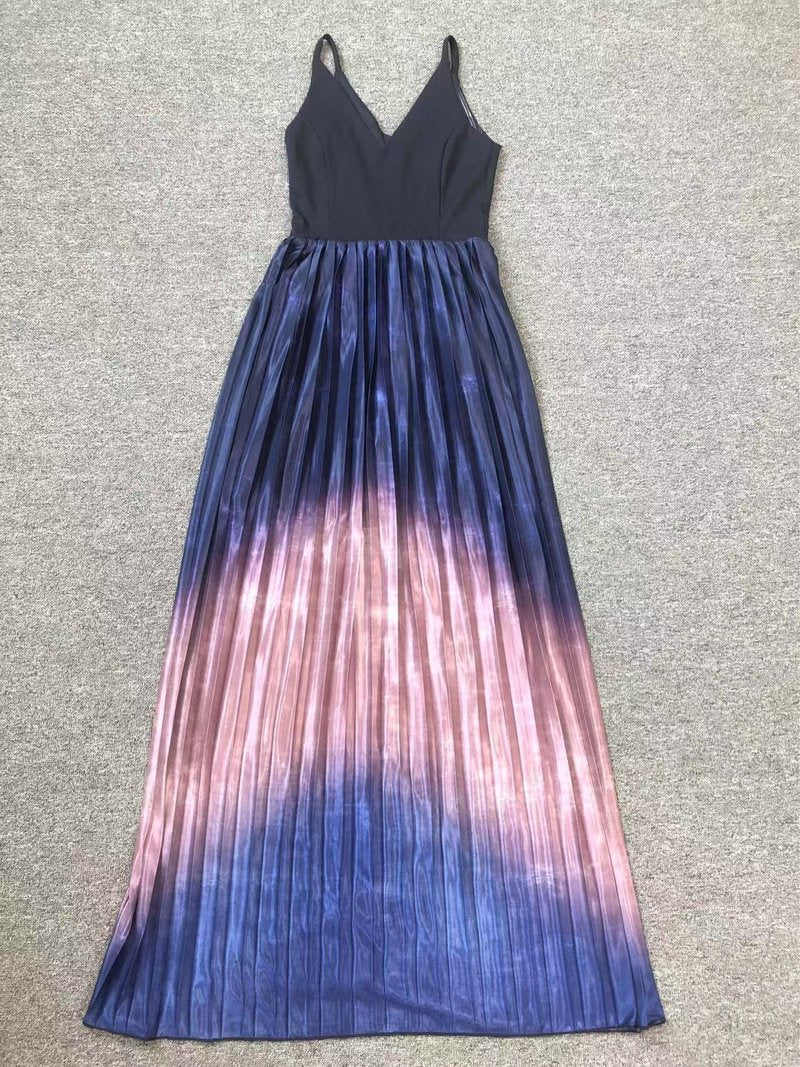 V-Neck Ombre Pleated Maxi Dress H6689