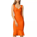 V-Neck Orange Bandage Midi Dress H6136