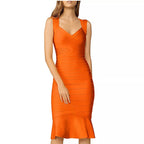 V-Neck Orange Bandage Midi Dress H6136