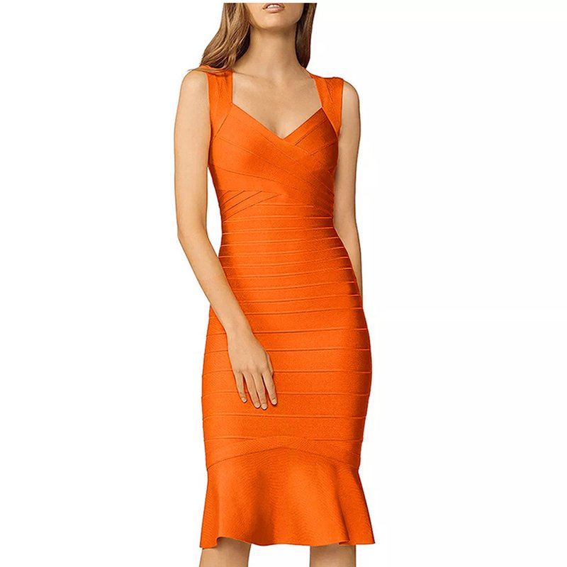 V-Neck Orange Bandage Midi Dress H6136