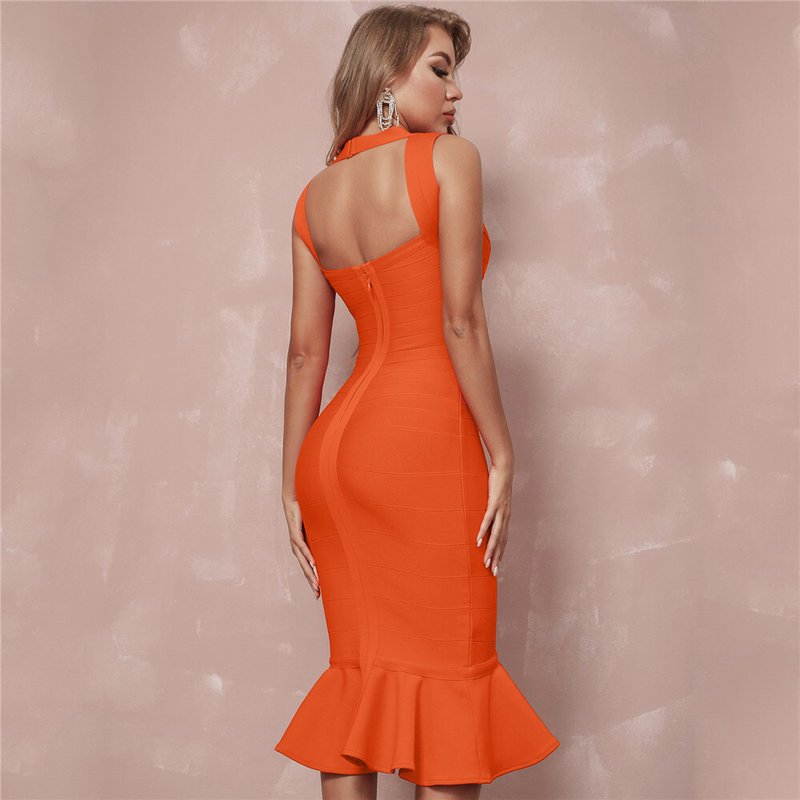 V-Neck Orange Bandage Midi Dress H6136