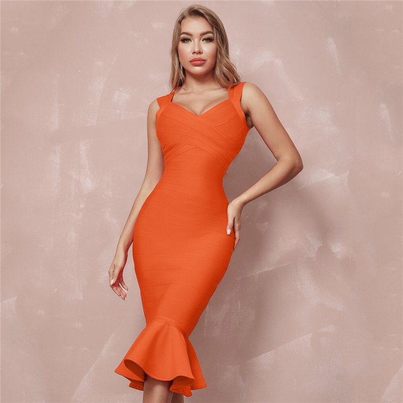 V-Neck Orange Bandage Midi Dress H6136