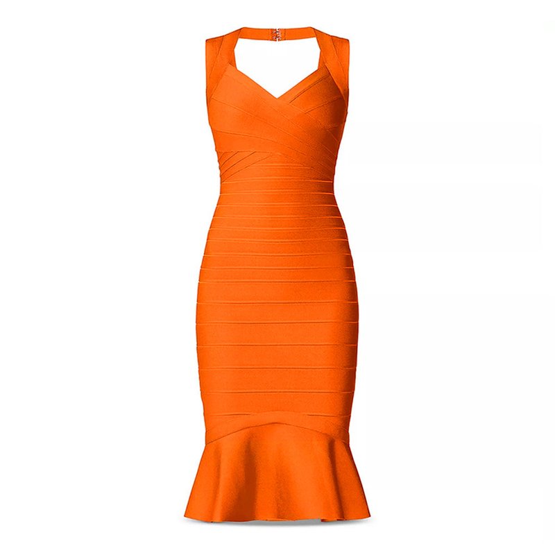V-Neck Orange Bandage Midi Dress H6136