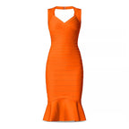 V-Neck Orange Bandage Midi Dress H6136