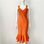 V-Neck Orange Bandage Midi Dress H6136