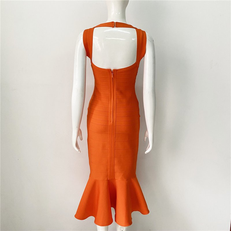 V-Neck Orange Bandage Midi Dress H6136