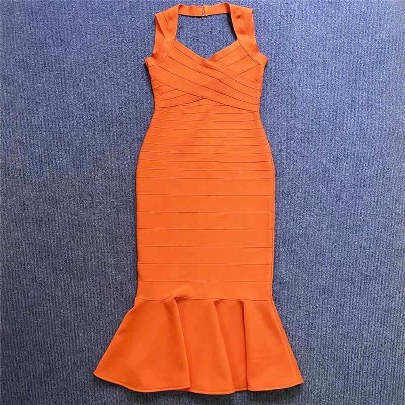 V-Neck Orange Bandage Midi Dress H6136