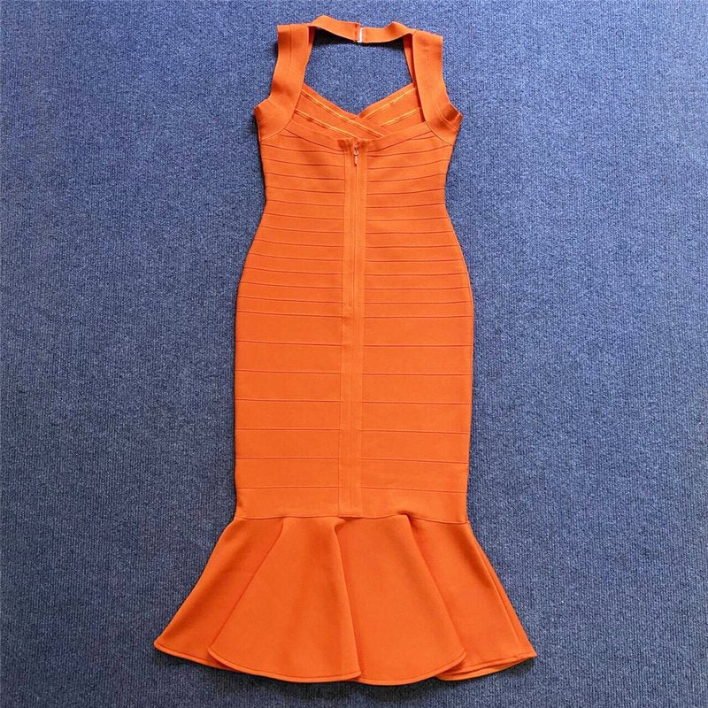 V-Neck Orange Bandage Midi Dress H6136