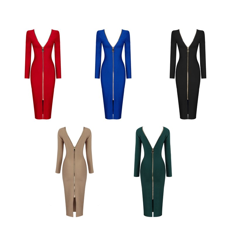 V-Neck Zip Front Bodycon Dress H3172