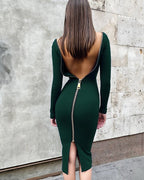V-Neck Zip Front Bodycon Dress H3172