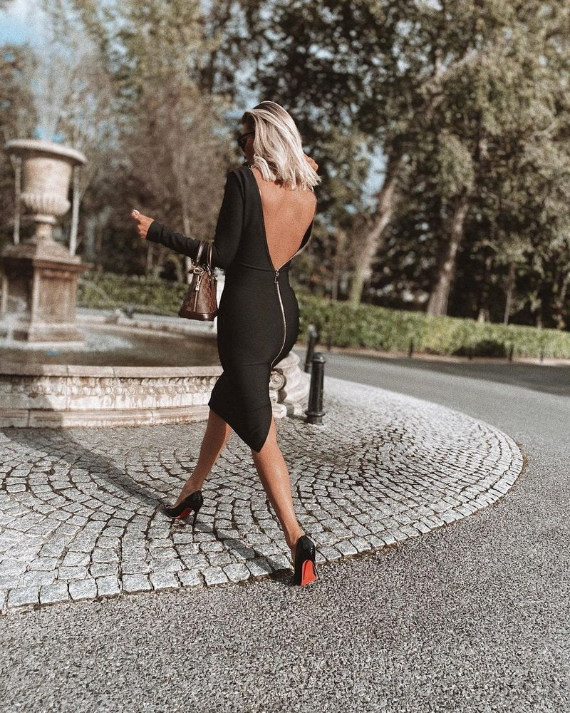 V-Neck Zip Front Bodycon Dress H3172