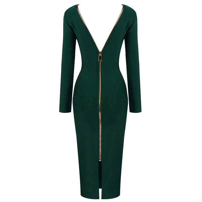 V-Neck Zip Front Bodycon Dress H3172