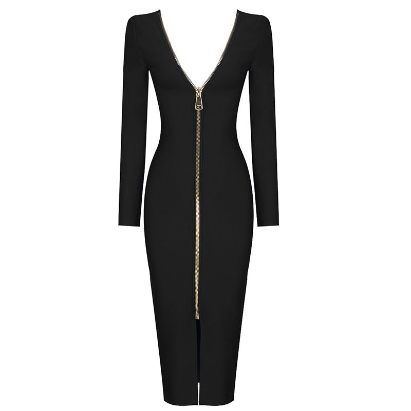V-Neck Zip Front Bodycon Dress H3172