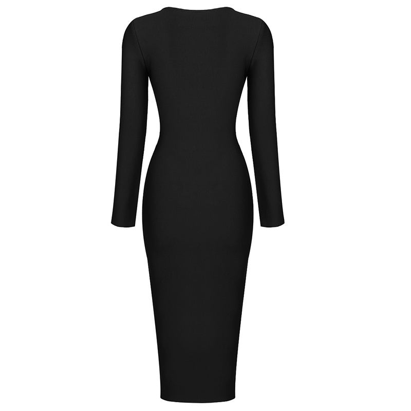 V-Neck Zip Front Bodycon Dress H3172