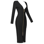 V-Neck Zip Front Bodycon Dress H3172