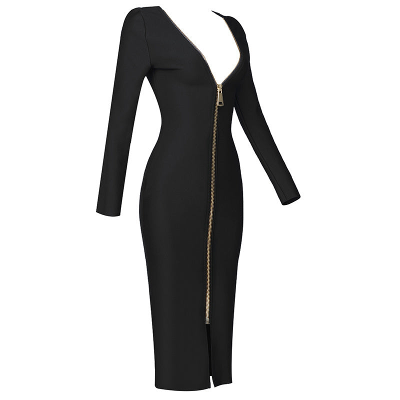 V-Neck Zip Front Bodycon Dress H3172