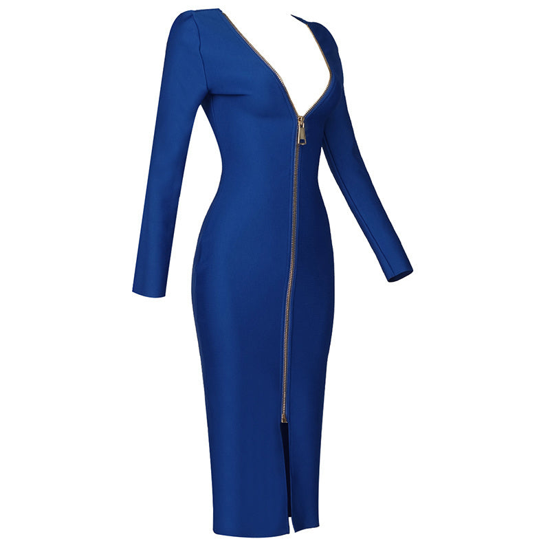V-Neck Zip Front Bodycon Dress H3172