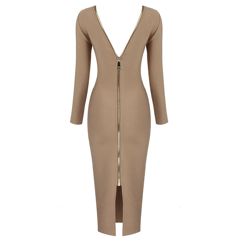 V-Neck Zip Front Bodycon Dress H3172