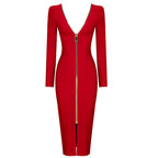 V-Neck Zip Front Bodycon Dress H3172