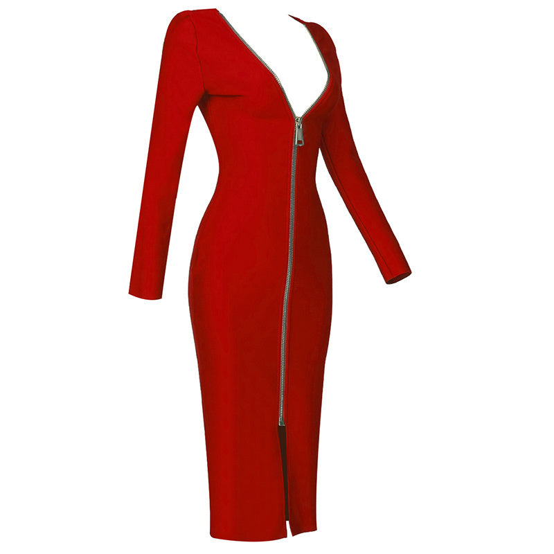 V-Neck Zip Front Bodycon Dress H3172