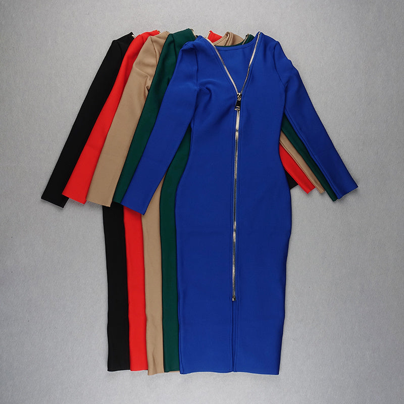 V-Neck Zip Front Bodycon Dress H3172
