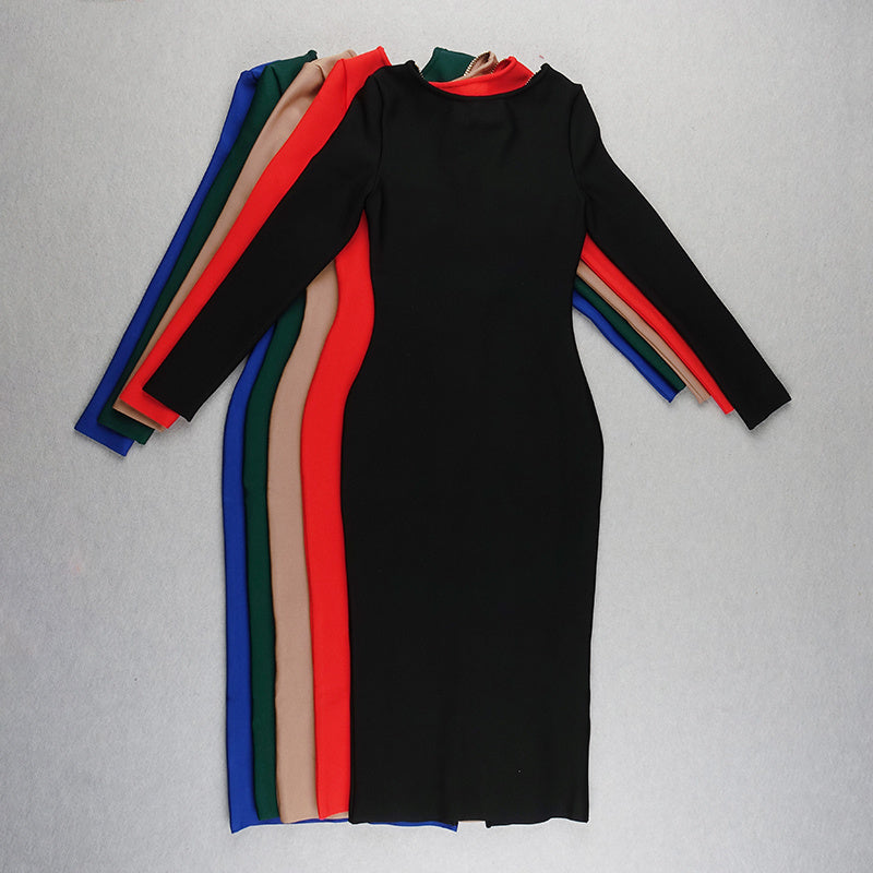 V-Neck Zip Front Bodycon Dress H3172