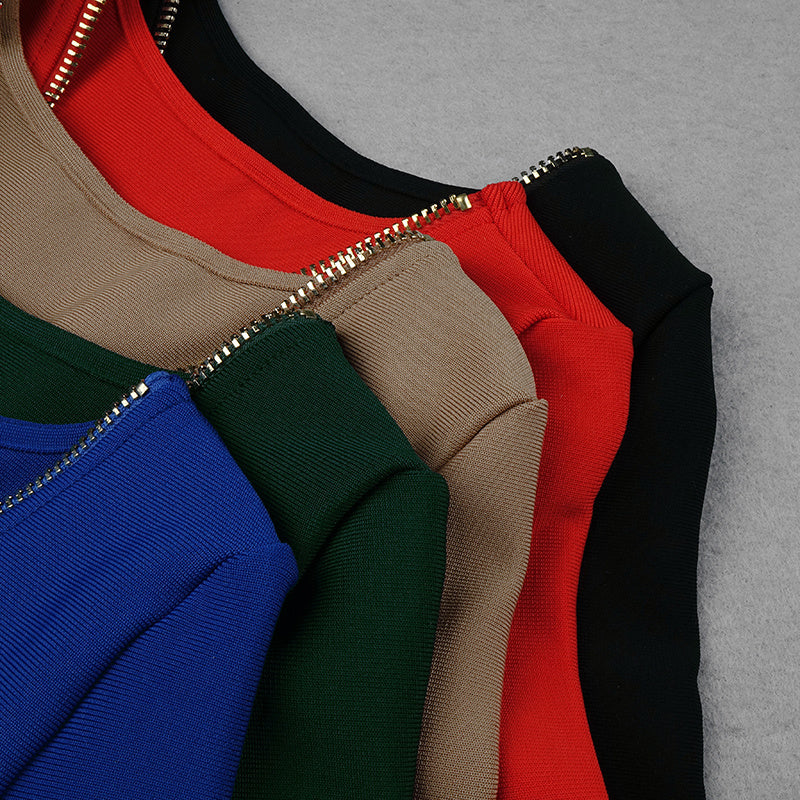 V-Neck Zip Front Bodycon Dress H3172