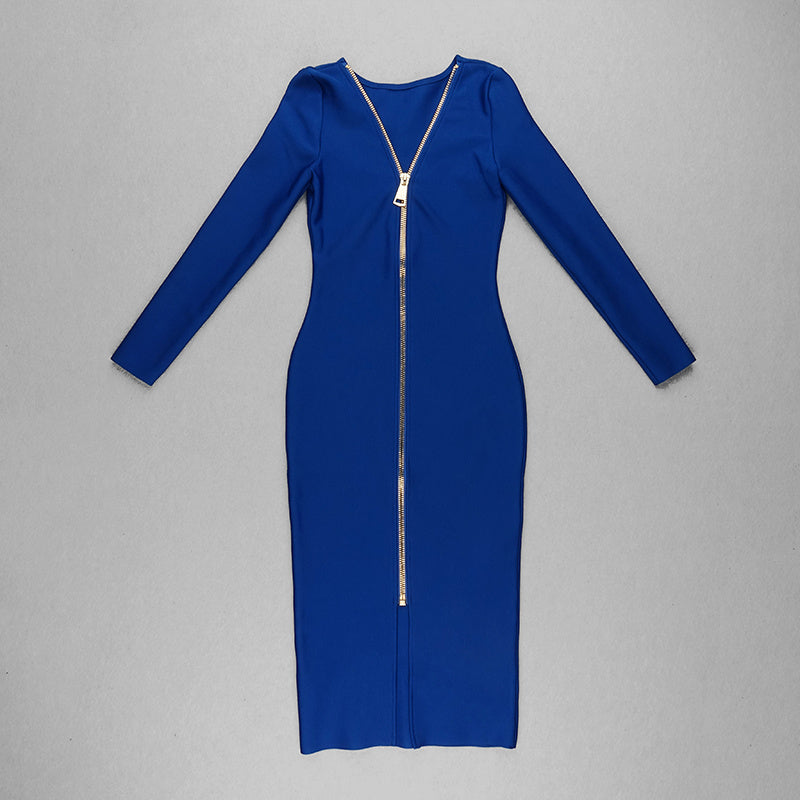 V-Neck Zip Front Bodycon Dress H3172