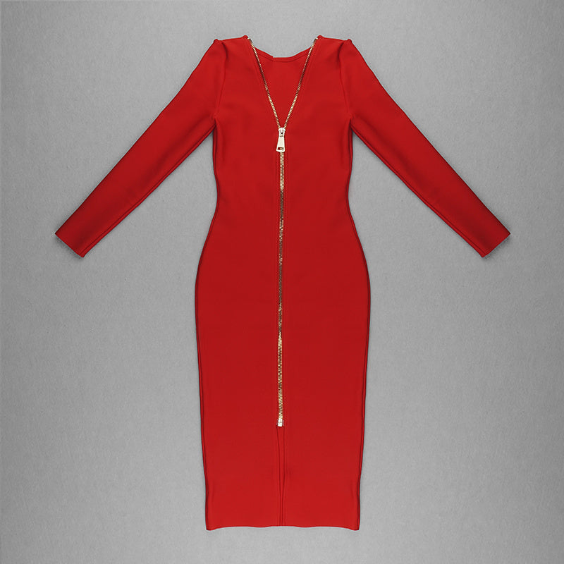V-Neck Zip Front Bodycon Dress H3172