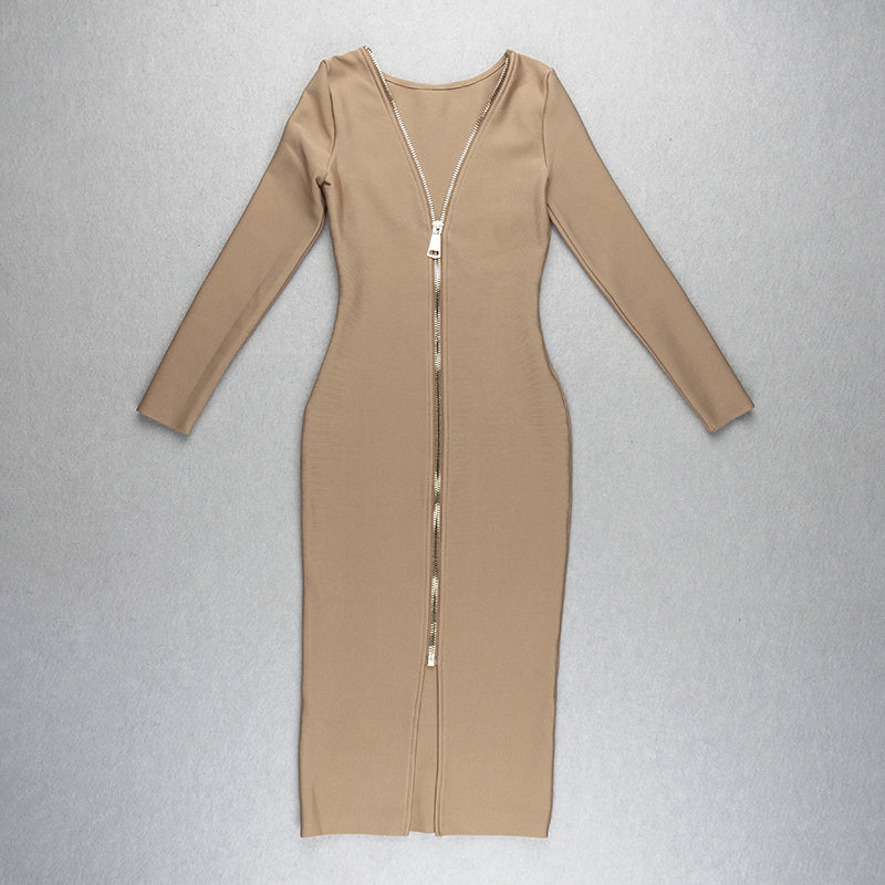 V-Neck Zip Front Bodycon Dress H3172