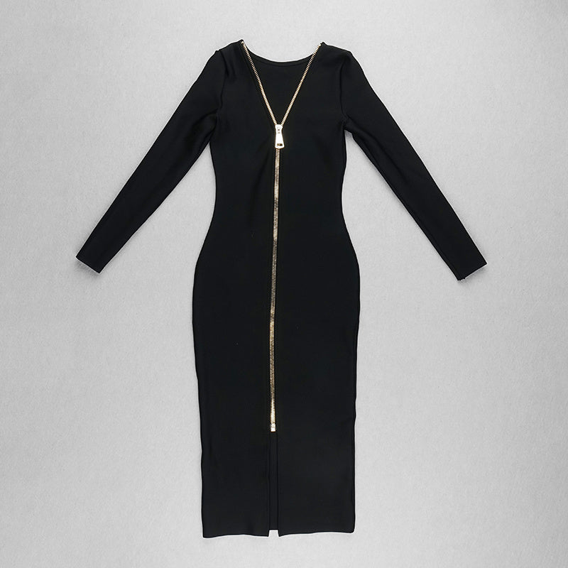 V-Neck Zip Front Bodycon Dress H3172