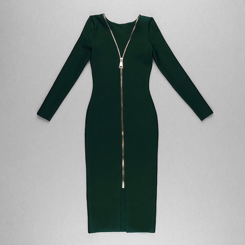 V-Neck Zip Front Bodycon Dress H3172