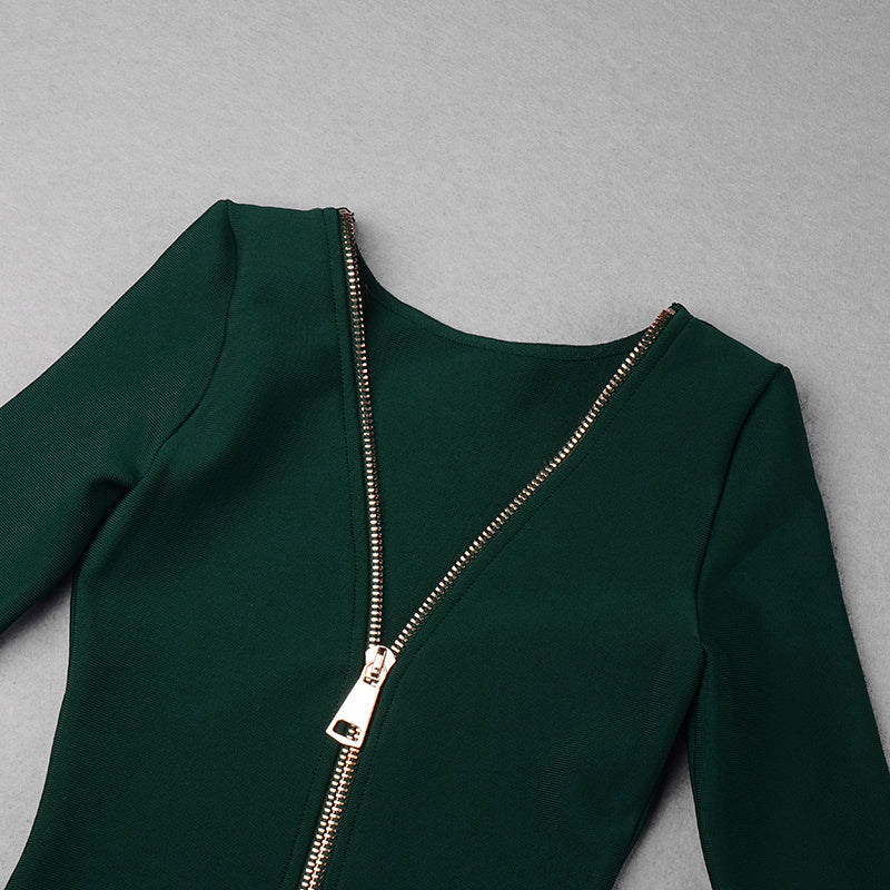 V-Neck Zip Front Bodycon Dress H3172