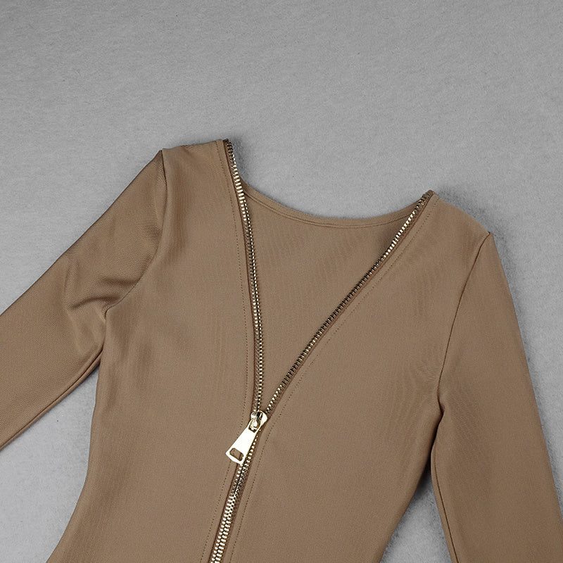 V-Neck Zip Front Bodycon Dress H3172
