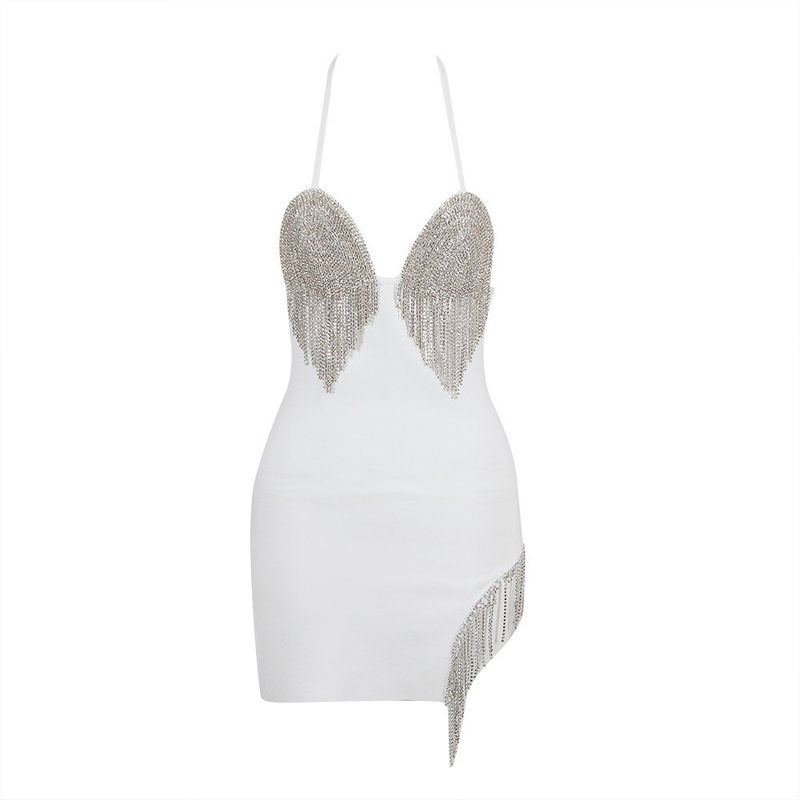 White Beaded Fringe Mini Dress H6047