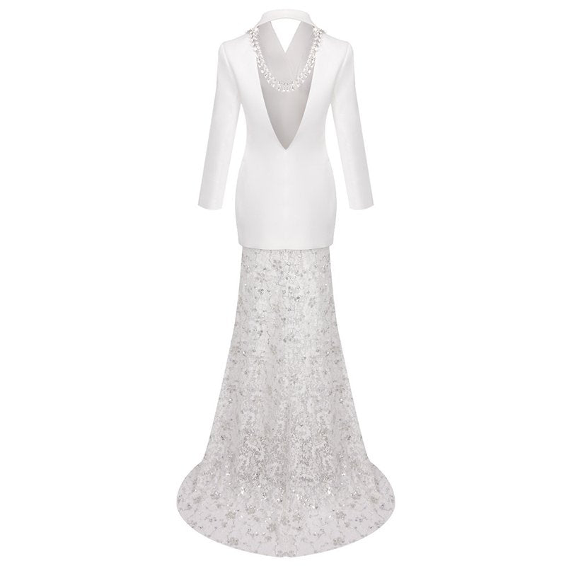 White Blazer Sequin Mermaid Gown H7033