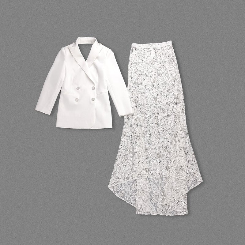 White Blazer Sequin Mermaid Gown H7033