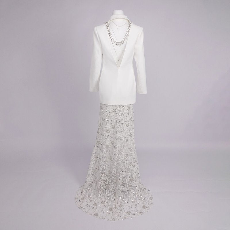 White Blazer Sequin Mermaid Gown H7033