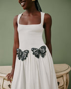 White Butterfly Applique Midi Dress H6831