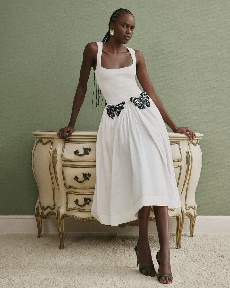 White Butterfly Applique Midi Dress H6831